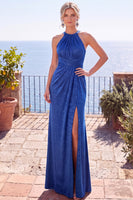 Load image into Gallery viewer, Burgundy Floral Sheath Ruched Halter Long Wedding Guest Dress with Slit