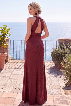 Burgundy Floral Sheath Ruched Halter Long Wedding Guest Dress with Slit