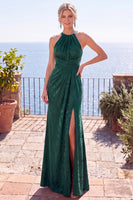 Load image into Gallery viewer, Burgundy Floral Sheath Ruched Halter Long Wedding Guest Dress with Slit