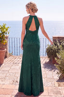 Load image into Gallery viewer, Burgundy Floral Sheath Ruched Halter Long Wedding Guest Dress with Slit