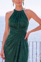 Load image into Gallery viewer, Burgundy Floral Sheath Ruched Halter Long Wedding Guest Dress with Slit