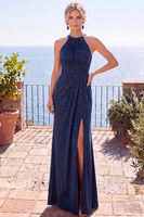 Load image into Gallery viewer, Burgundy Floral Sheath Ruched Halter Long Wedding Guest Dress with Slit