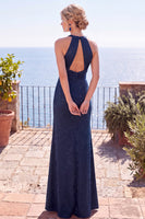 Load image into Gallery viewer, Burgundy Floral Sheath Ruched Halter Long Wedding Guest Dress with Slit