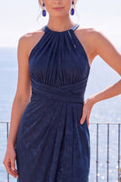 Load image into Gallery viewer, Burgundy Floral Sheath Ruched Halter Long Wedding Guest Dress with Slit