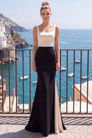 Load image into Gallery viewer, Black Champagne Satin Square Neck Mermaid Long Wedding Guest Dress