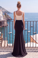 Load image into Gallery viewer, Black Champagne Satin Square Neck Mermaid Long Wedding Guest Dress