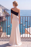 Load image into Gallery viewer, Black Champagne One Shoulder Mermaid Patchwork Long Wedding Guest Dress with Slit