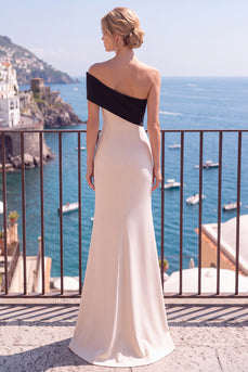 Black Champagne One Shoulder Mermaid Patchwork Long Wedding Guest Dress with Slit