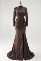 Load image into Gallery viewer, Floral Dark Green Velvet Corset Mermaid Long Sleeves Evening Dress with Slit