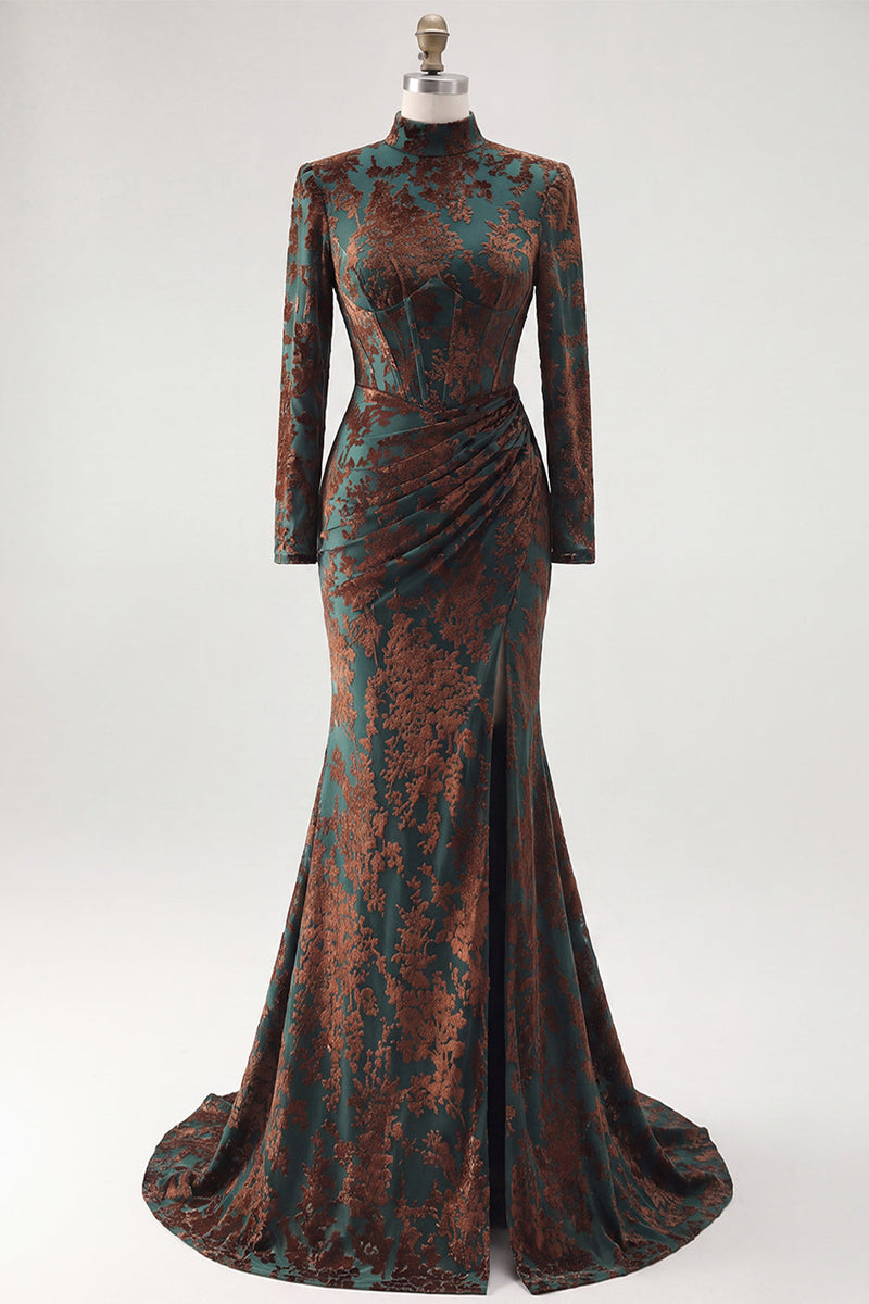 Load image into Gallery viewer, Floral Dark Green Velvet Corset Mermaid Long Sleeves Evening Dress with Slit