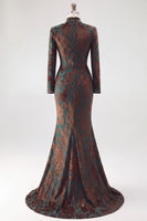 Load image into Gallery viewer, Floral Dark Green Velvet Corset Mermaid Long Sleeves Evening Dress with Slit