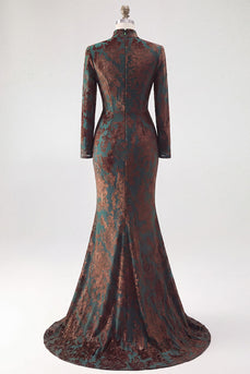 Floral Dark Green Velvet Corset Mermaid Long Sleeves Evening Dress with Slit