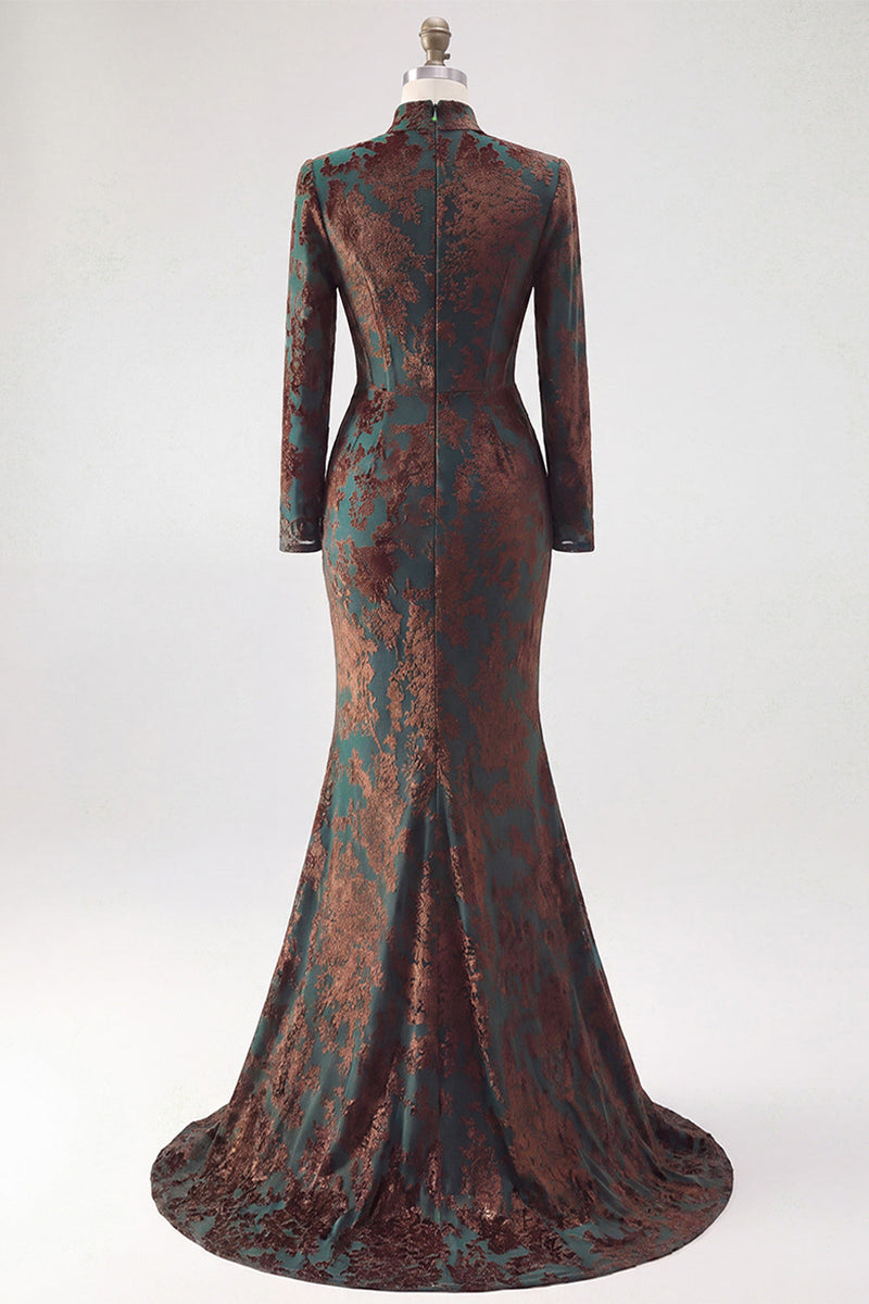 Load image into Gallery viewer, Floral Dark Green Velvet Corset Mermaid Long Sleeves Evening Dress with Slit