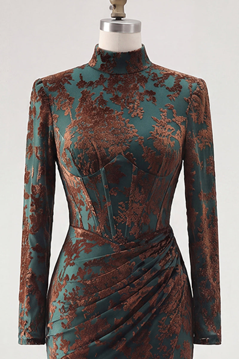 Load image into Gallery viewer, Floral Dark Green Velvet Corset Mermaid Long Sleeves Evening Dress with Slit