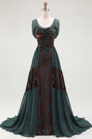Load image into Gallery viewer, Floral Dark Green Scoop A Line Velvet Long Evening Dress with Sleeves