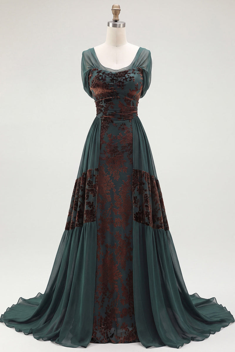 Load image into Gallery viewer, Floral Dark Green Scoop A Line Velvet Long Evening Dress with Sleeves