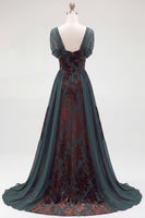 Load image into Gallery viewer, Floral Dark Green Scoop A Line Velvet Long Evening Dress with Sleeves