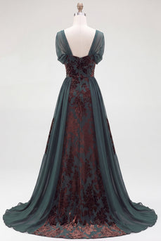 Floral Dark Green Scoop A Line Velvet Long Evening Dress with Sleeves