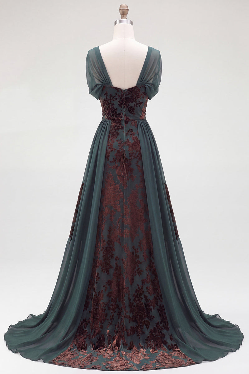 Load image into Gallery viewer, Floral Dark Green Scoop A Line Velvet Long Evening Dress with Sleeves