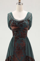 Load image into Gallery viewer, Floral Dark Green Scoop A Line Velvet Long Evening Dress with Sleeves