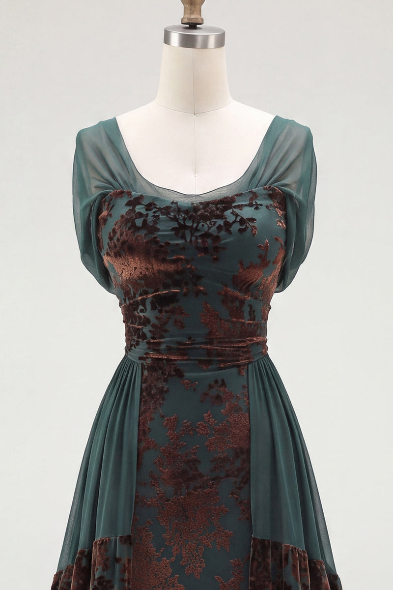 Load image into Gallery viewer, Floral Dark Green Scoop A Line Velvet Long Evening Dress with Sleeves