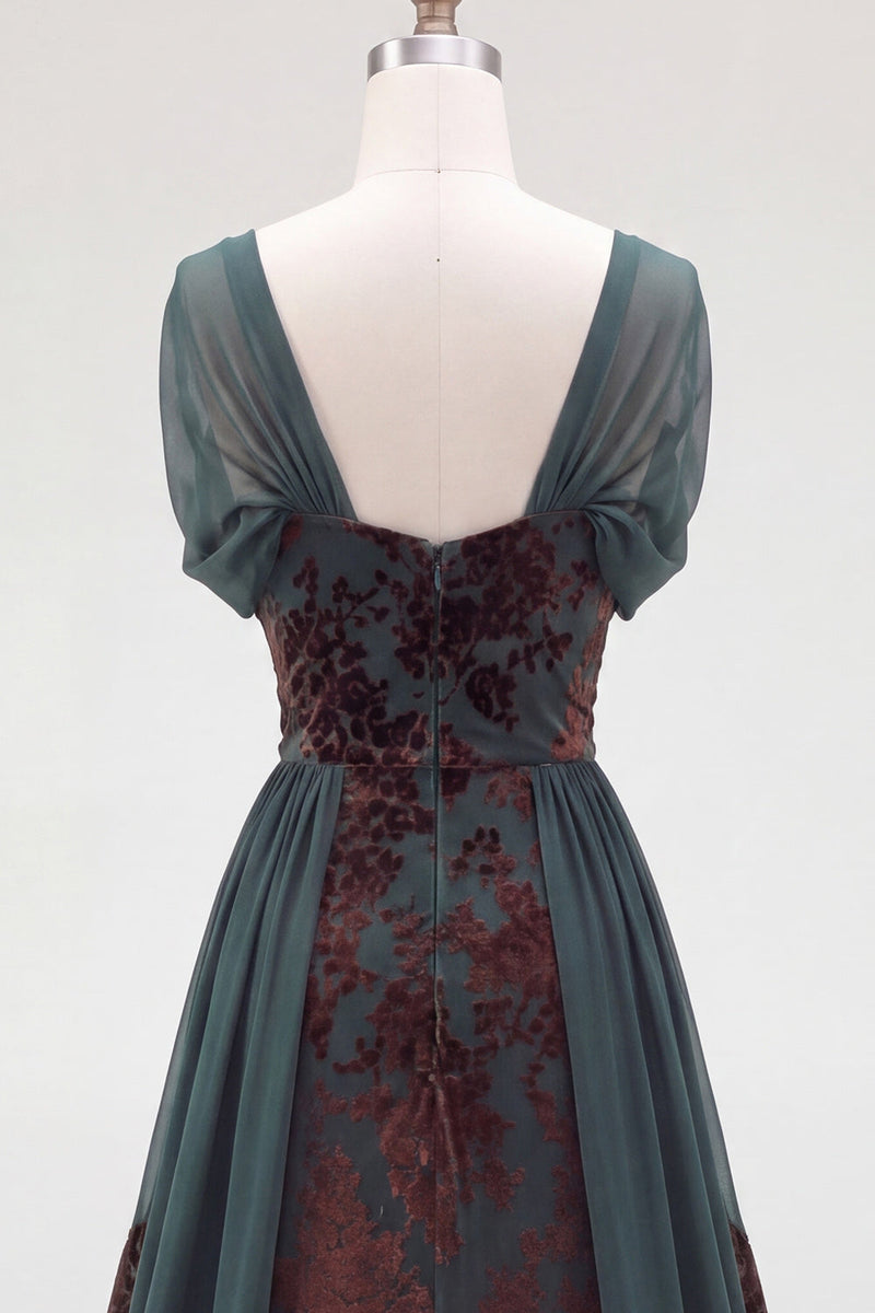 Load image into Gallery viewer, Floral Dark Green Scoop A Line Velvet Long Evening Dress with Sleeves