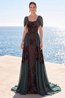 Load image into Gallery viewer, Floral Dark Green Scoop A Line Velvet Long Evening Dress with Sleeves