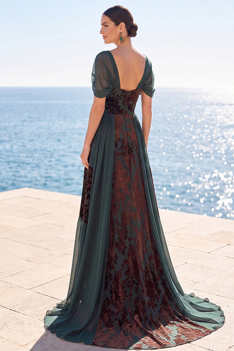Load image into Gallery viewer, Floral Dark Green Scoop A Line Velvet Long Evening Dress with Sleeves