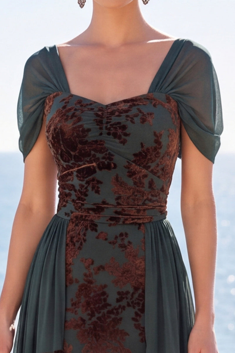 Load image into Gallery viewer, Floral Dark Green Scoop A Line Velvet Long Evening Dress with Sleeves