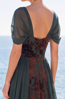 Load image into Gallery viewer, Floral Dark Green Scoop A Line Velvet Long Evening Dress with Sleeves