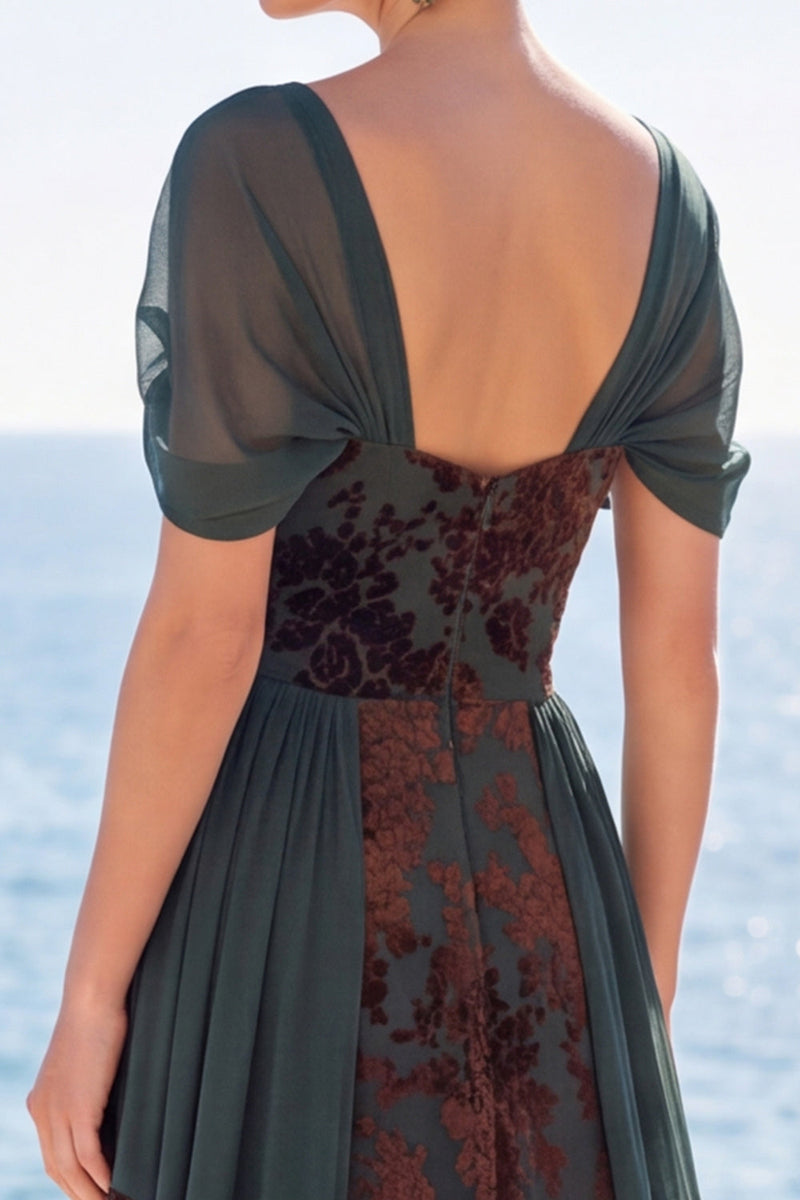 Load image into Gallery viewer, Floral Dark Green Scoop A Line Velvet Long Evening Dress with Sleeves