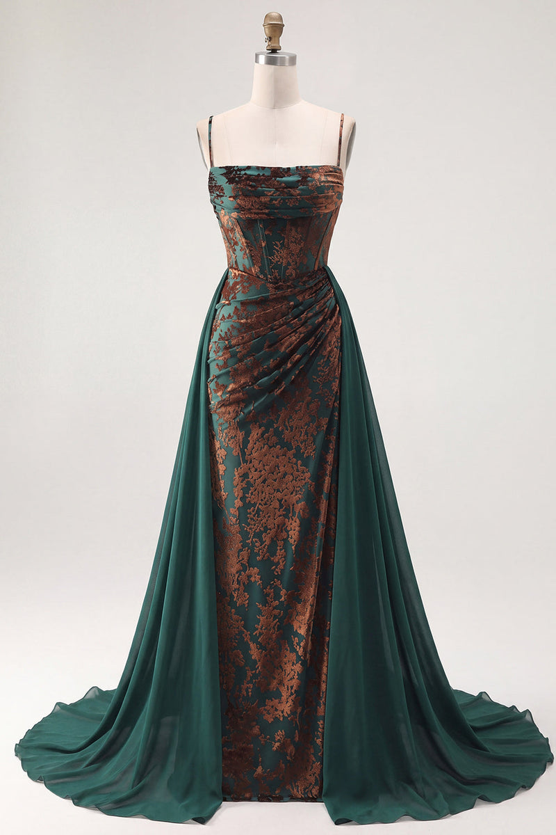 Load image into Gallery viewer, Floral Dark Green Sheath Corset Long Velvet Evening Dress with Cape