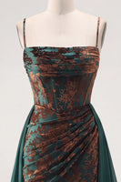 Load image into Gallery viewer, Floral Dark Green Sheath Corset Long Velvet Evening Dress with Cape
