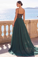Load image into Gallery viewer, Floral Dark Green Sheath Corset Long Velvet Evening Dress with Cape
