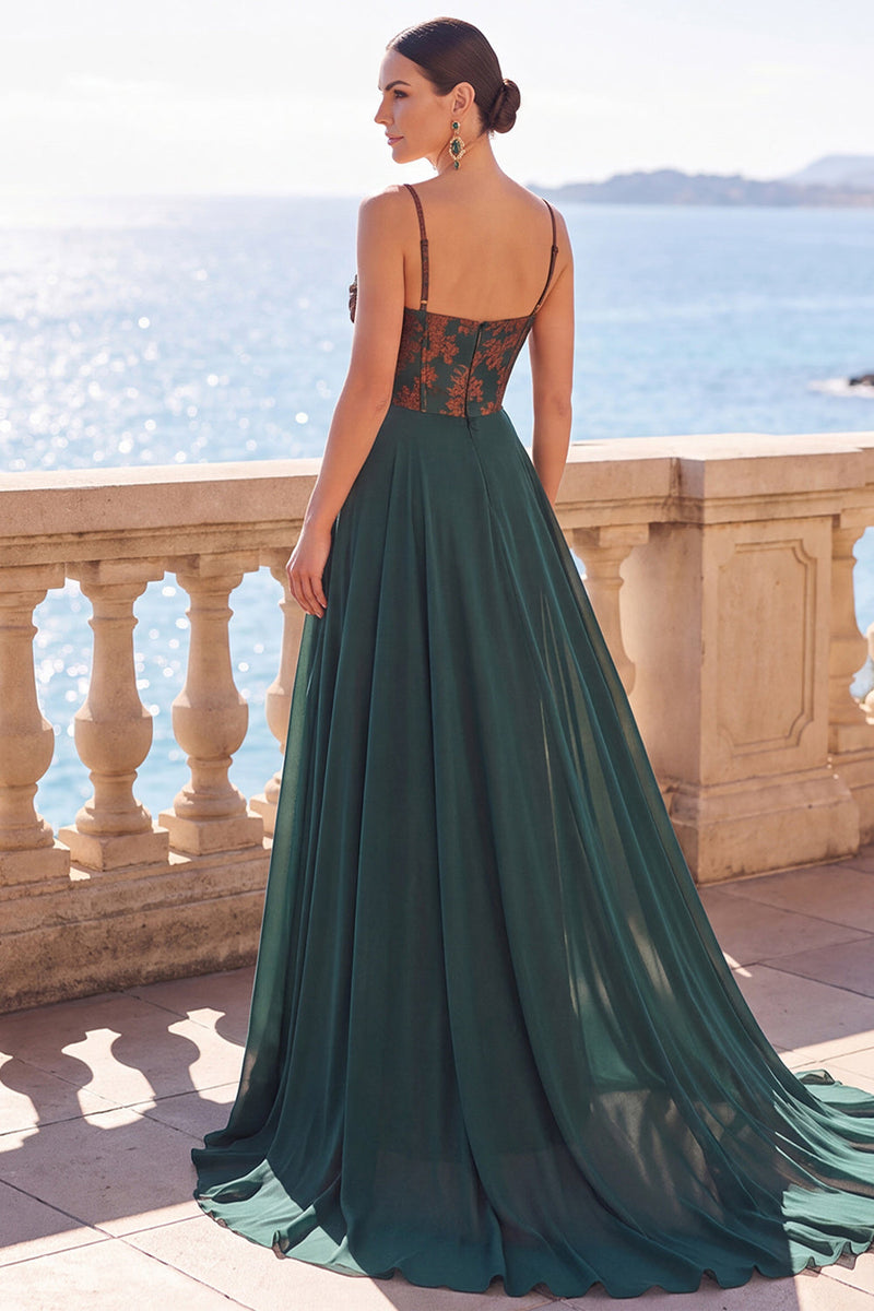 Load image into Gallery viewer, Floral Dark Green Sheath Corset Long Velvet Evening Dress with Cape