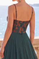 Load image into Gallery viewer, Floral Dark Green Sheath Corset Long Velvet Evening Dress with Cape