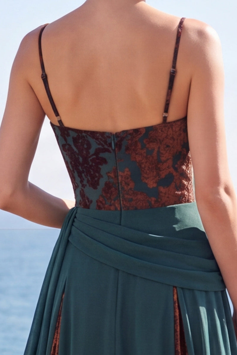 Load image into Gallery viewer, Floral Dark Green Ruched Corset A Line Long Velvet Evening Dress