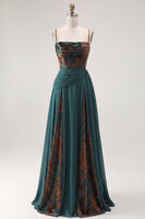 Load image into Gallery viewer, Floral Dark Green Ruched Corset A Line Long Velvet Evening Dress