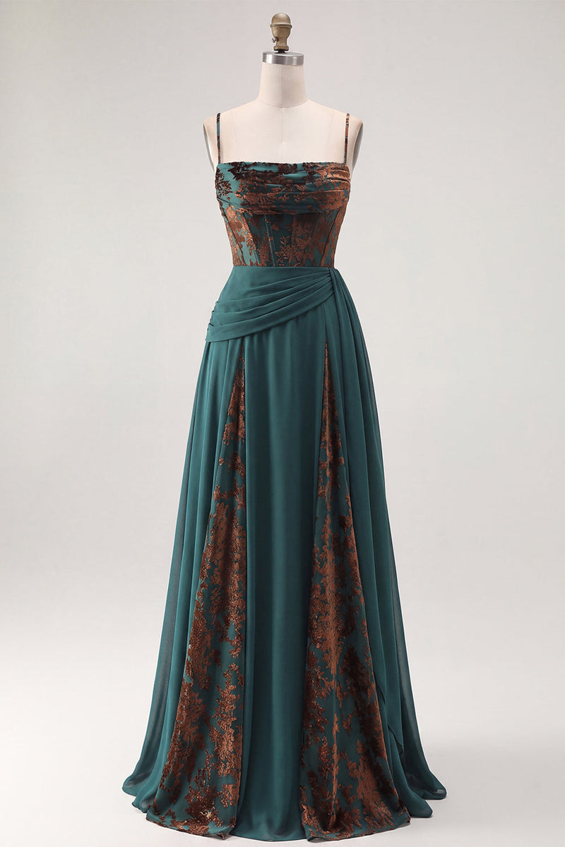 Load image into Gallery viewer, Floral Dark Green Ruched Corset A Line Long Velvet Evening Dress