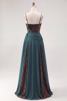 Floral Dark Green Ruched Corset A Line Long Velvet Evening Dress