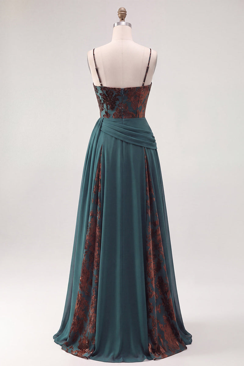 Load image into Gallery viewer, Floral Dark Green Ruched Corset A Line Long Velvet Evening Dress