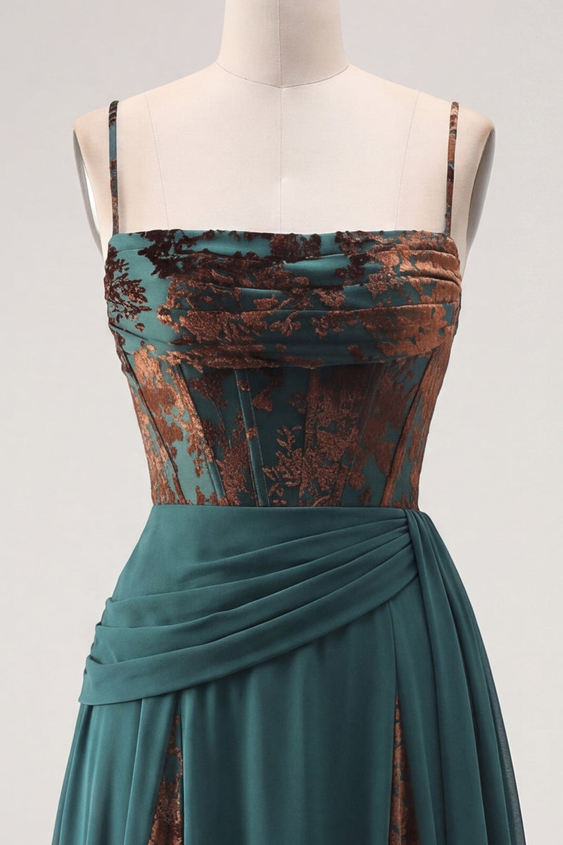 Load image into Gallery viewer, Floral Dark Green Ruched Corset A Line Long Velvet Evening Dress
