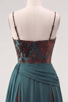 Load image into Gallery viewer, Floral Dark Green Ruched Corset A Line Long Velvet Evening Dress