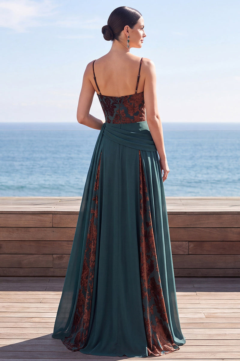 Load image into Gallery viewer, Floral Dark Green Ruched Corset A Line Long Velvet Evening Dress