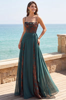 Load image into Gallery viewer, Floral Dark Green Ruched Corset A Line Long Velvet Evening Dress