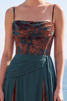 Load image into Gallery viewer, Floral Dark Green Ruched Corset A Line Long Velvet Evening Dress