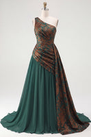 Load image into Gallery viewer, Dark Green Velvet One Shoulder A Line Ruched Long Evening Dress with Side Cape