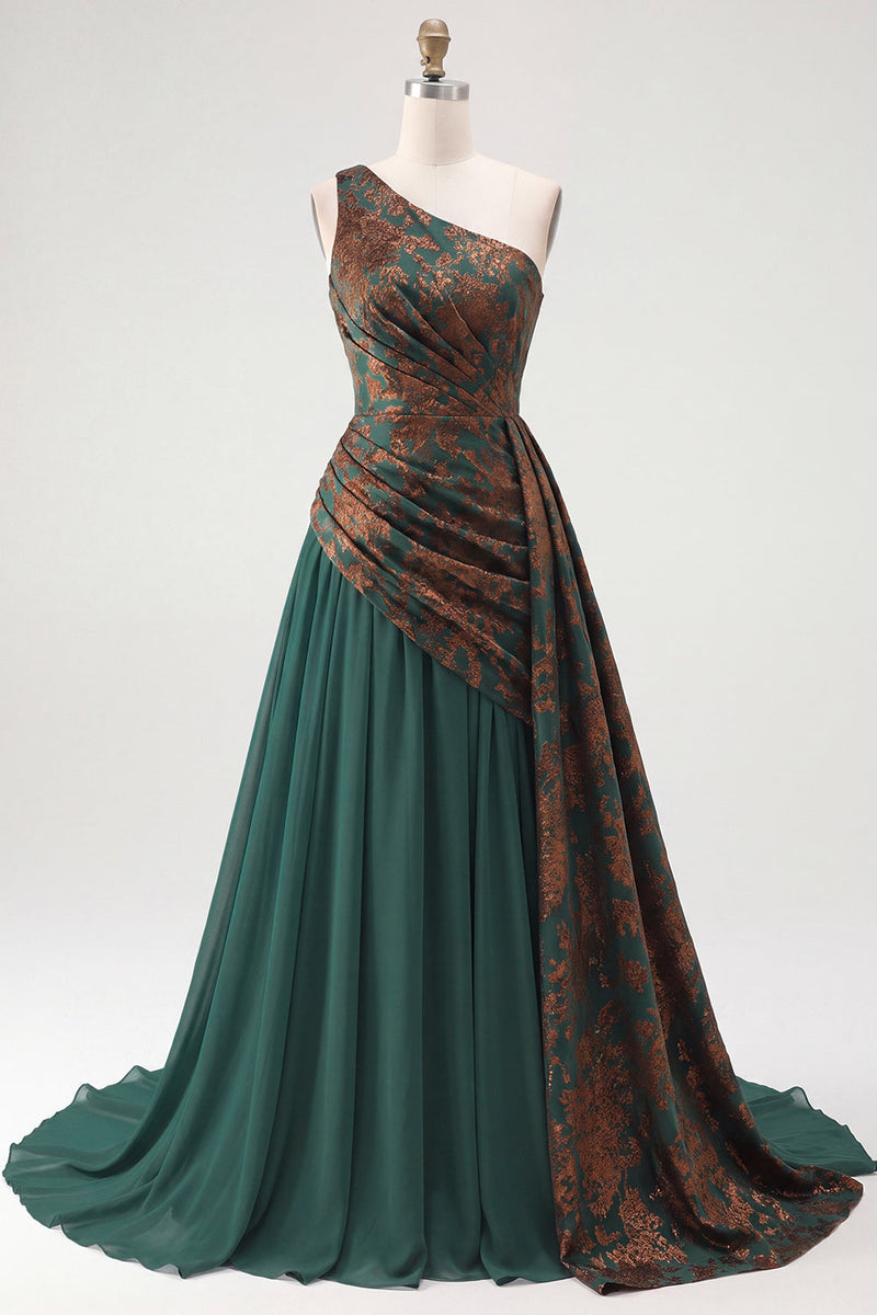 Load image into Gallery viewer, Dark Green Velvet One Shoulder A Line Ruched Long Evening Dress with Side Cape