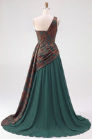 Load image into Gallery viewer, Dark Green Velvet One Shoulder A Line Ruched Long Evening Dress with Side Cape