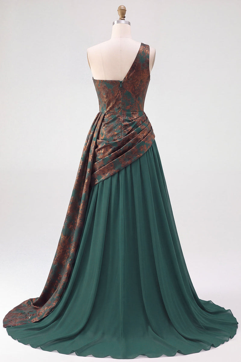 Load image into Gallery viewer, Dark Green Velvet One Shoulder A Line Ruched Long Evening Dress with Side Cape